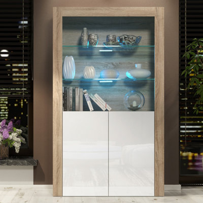 Creative Furniture White Spectrum Display Cabinet - Oak & Gloss Doors And Led Lights 170Cm
