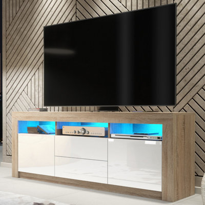  - Tv Unit Shine 160CmOak & White Gloss Doors And Led Lights