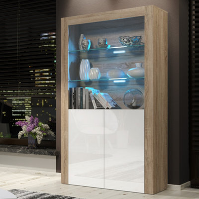  - Display Cabinet Spectrum 170CmOak & White Gloss Doors And Led Lights
