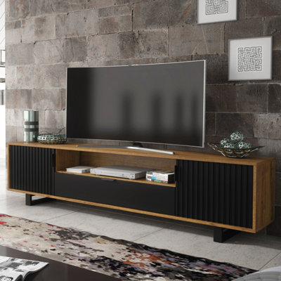 B&Q Dark/Black Tv Unit Blackridge - Oak With Fluted Doors & Drawer 200Cm