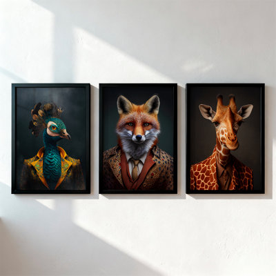 Wolf & Bear Prints Anthropomorphic Animal Portrait Wall Art 40X50Cm Framed SetLuxury Animal Prints In SuitsModern Gallery Framed Decor