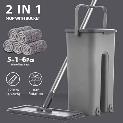 - Grey Hand-Free Flat Floor Mop & Bucket Set With Washable Microfiber Pads