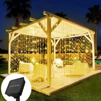  - Solar Led Curtain Fairy Lights 3X3M (300 Leds) Warm White For Outdoor Garden & Holiday Decor