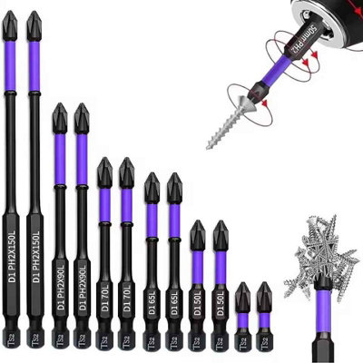  - 12Pcs Magnetic Impact Screwdriver BitsPhillipsHex Shank