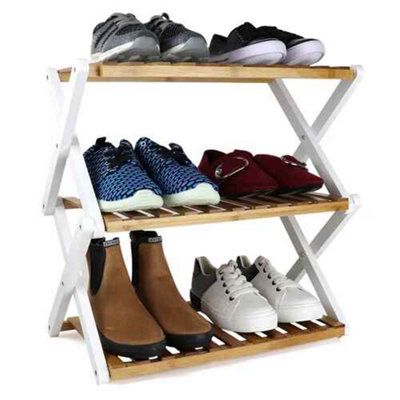  - 3 Tier Folding Bamboo Shoe RackNatural Wooden Storage Stand
