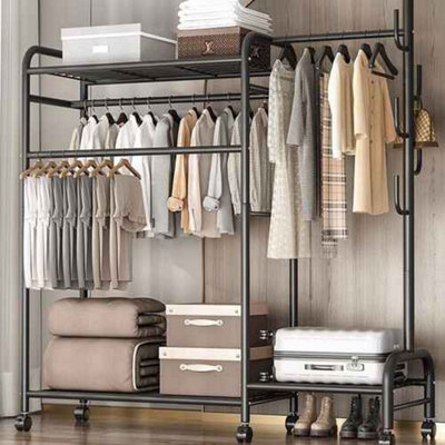  - Double Clothes Rail Garment RackSteel FrameOpen Wardrobe Design With Shelf