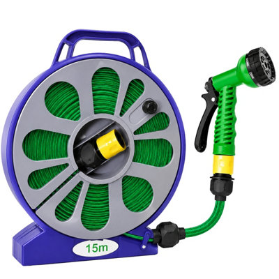 Grass Warehouse 15M Flat Garden Hose Reel With 7-Pattern Spray Gun Nozzle 50Ft Hose Length from B&Q