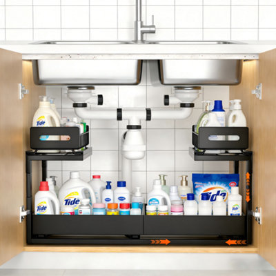 Janlemny Matte Black Under Sink Storage With Sliding Storage Drawer2-Tier Under Sink Organiser New Upgrade For Kitchen from B&Q
