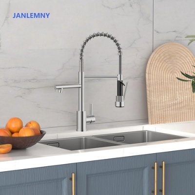 B&Q -  Spring Kitchen Sink Mixer With Pull Down Spray HeadStainless Steel Single Handle High Arch Kitchen Faucet With 2 Modes