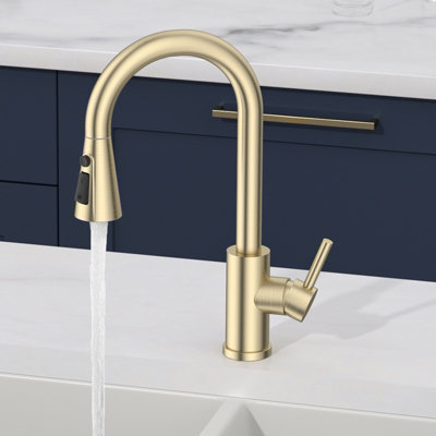 B&Q -  Brushed Gold Kitchen Mixer TapPull-Out Sprayer3 FunctionsSus304 Stainless Steel360-Degree Swivel High Arc