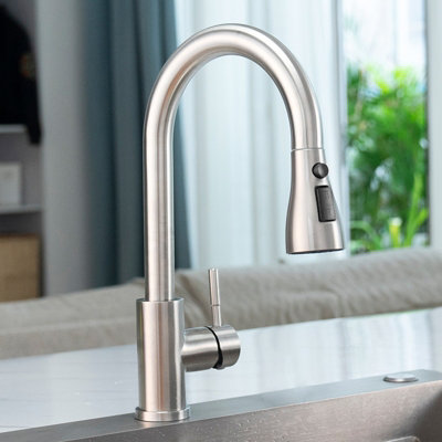 B&Q -  Sus304 Brushed Steel Kitchen Mixer Tap With 3-Function Pull-Out Spray & 360 Degree Swivel