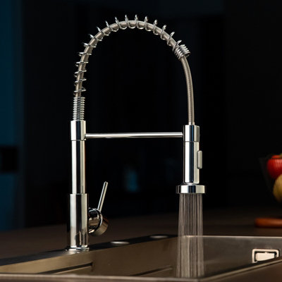 B&Q -  Chrome Commercial Single Handle Kitchen Sink Tap With Pull-Down SprayerSpring 360 Swivel Mixer 2 Spray Modes