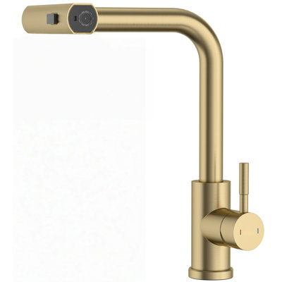 B&Q -  Waterfall Kitchen Mixer Tap With Pull-Out SprayBrushed Gold3-Function 360 Degree SwivelSingle Hole Deck Mount