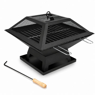  - Shopnbits Black Steel Square Bbq Grill Outdoor Garden Barbecue With Mesh Safety Lid Poker And Stand 46Cm