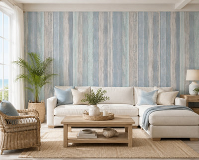 Shopnbits Blue Wood Panel Wallpaper Shabby Chic Rustic Plank Wallpaper Coastal Farmhouse Wallpaper from B&Q