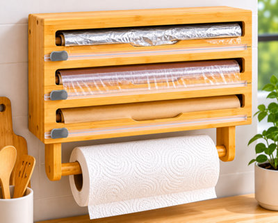  - Shopnbits Bamboo Wrap Dispenser With Paper Towel Holder Wall Mounted Kitchen Organizer 3 Section Storage