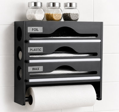  - Shopnbits Wall Mounted Wrap Dispenser With Paper Towel Holder Foil Plastic Wax Paper Kitchen Organizer