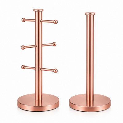  - Shopnbits Rose Gold Mug Tree & Kitchen Roll Holder SetStainless Steel 6 Cup Mug Stand And Paper Towel Holder