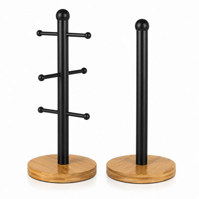  - Shopnbits Black Mug Tree & Kitchen Roll Holder Set With Bamboo BaseStainless Steel 6 Cup Holder & Paper Towel Stand