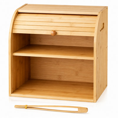 Shopnbits Double Layer Bamboo Bread Bin Kitchen Storage Box Roll Top Bread Box Countertop Organiser Natural Wood