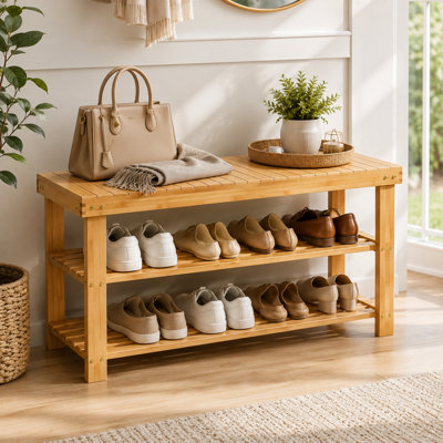 Shopnbits Bamboo Shoe Rack Bench 90Cm Wooden Storage Shelf Entryway Organiser Hallway Seating Stand Natural
