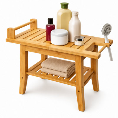  - Shopnbits Bamboo Shower Bench With Storage Shelf And Shower Head Holder Bathroom Bath Seat Spa Stool 60Cm