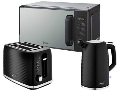 Swan Wave Black 3-Piece Kitchen Set1.7L 3Kw Kettle2-Slice Toaster & 20L 800W Digital Microwave from B&Q