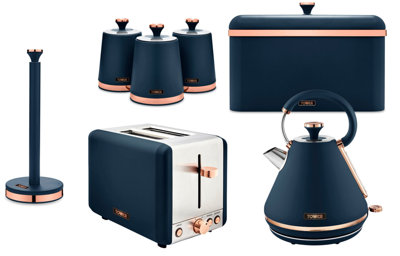 Tower Cavaletto Midnight Blue & Rose Gold 7-Piece Kitchen SetKettleToasterBread BinCanisters & Kitchen Roll Holder from B&Q
