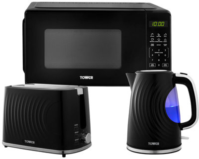 Tower Sonar Black 1.7L Kettle2-Slice Toaster & 800W 20L Digital Microwave T24045Blk from B&Q