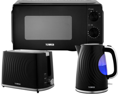 Tower Sonar Matching Kitchen Set1.7L 3Kw Kettle2-Slice Toaster & 20L 800W Manual Microwave T24044Blk. from B&Q