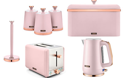 Tower Cavaletto Pink 7-Piece Kitchen Set1.7L Jug Kettle2-Slice ToasterBread Bin3 Canisters & Kitchen Roll Holder from B&Q