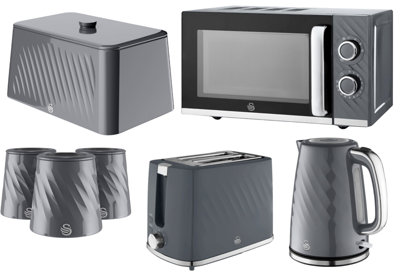 Swan Windsor Grey 7-Piece Kitchen Set1.7L 3000W Kettle2-Slice Toaster20L 800W Microwave16L Bread Bin & Canisters from B&Q