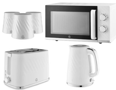 Swan Windsor White 6-Piece Kitchen Set1.7L 3000W Kettle2-Slice Toaster800W 20L Microwave & 3 Canisters from B&Q