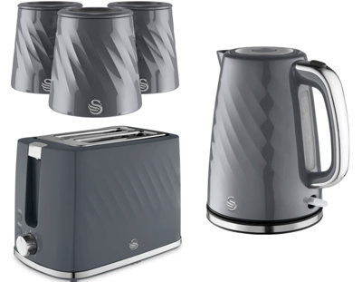 Swan Windsor Grey 1.7L Kettle2-Slice Toaster & 3 X 1.3L Canisters Matching Kitchen Bundle Set from B&Q