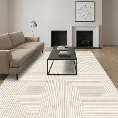 B&Q -  Short Pile Rectangular Lined Pattern Rug 60X110Cm Cream