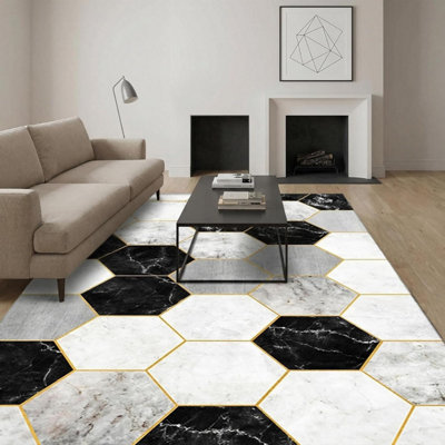 B&Q -  Short Pile Rectangular Hexagon Pattern Rug 160X230Cm Black