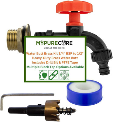 B&Q -  Water Butt Brass Kit 3/4Inch  Bsp To 1/2Inch  Tank Connector Black Dial Tap W/ Drill Bit (Quick-Connect)