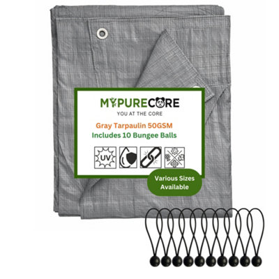 Mypurecore Gray Tarpaulin 50Gsm Tarp Sheet + 10 Bungee Balls Camping Garden Cover (2M X 3M) from B&Q