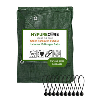 Mypurecore Green Tarpaulin Sheet 50Gsm Lightweight Tarp + 10 Bungee Balls Garden Camping (6M X 8M) from B&Q
