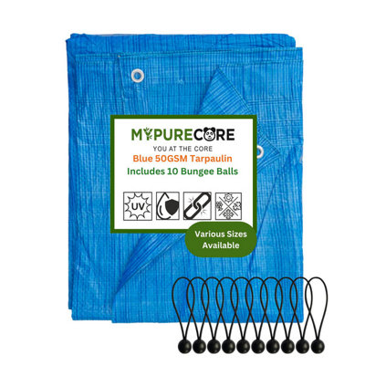 Mypurecore Blue Tarpaulin Sheet 50Gsm Lightweight Tarp + 10 Bungee Balls Garden Camping (4M X 6M) from B&Q