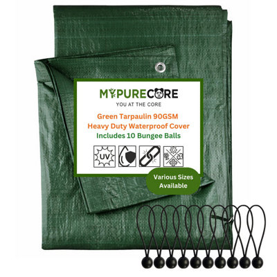 B&Q -  Green Tarpaulin Sheet 90Gsm Lightweight Tarp + 10 Bungee Balls Garden Camping (4M X 4M)