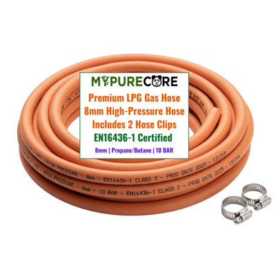 B&Q -  Lpg Gas Hose Pipe 8mm With 2 Clips En16436-1 High Pressure Gas (5M)