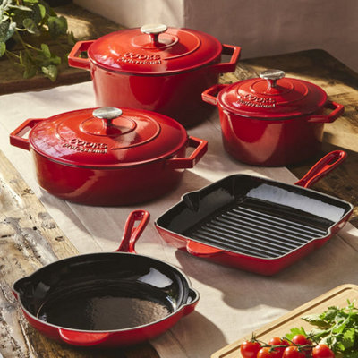 Cooks Professional 5 Piece Cast Iron Casserole DishesFrying Pan & Skillet Set With Enamel InteriorRed from B&Q