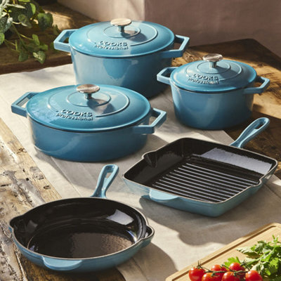 Cooks Professional 5 Piece Cast Iron Casserole DishesFrying Pan & Skillet Set With Enamel InteriorTeal from B&Q