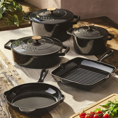 Cooks Professional 5 Piece Cast Iron Casserole DishesFrying Pan & Skillet Set With Enamel InteriorBlack from B&Q