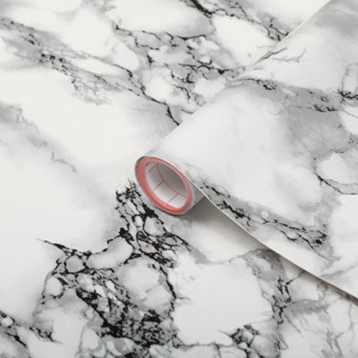B&Q -  Kitchen Wrap White Black Marble Sticky Back Plastic Furniture Worktop Self Adhesive Wrap 3M X 90Cm