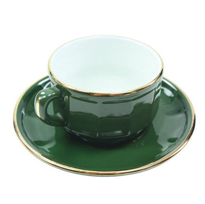 B&Q -  Breakfast Cup And Saucer: 1 X 280Ml Green With Gold Band