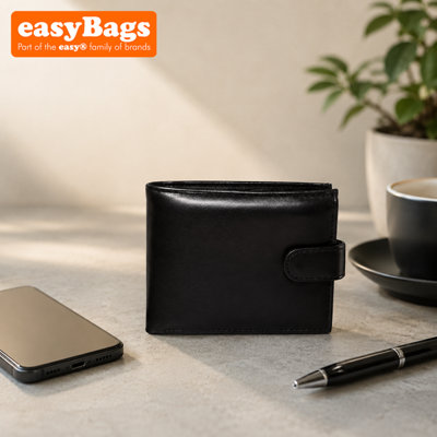 easyBags Premium Black Leather Bifold Wallet With Sleek Security Snap Closure from B&Q