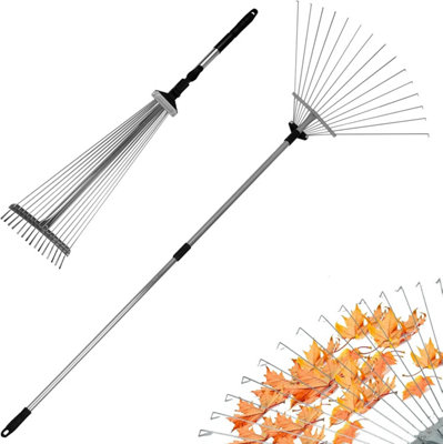 15 Tines Adjustable Telescopic Metal Garden Rake Leaf Metal Handle Lawn Grass from B&Q