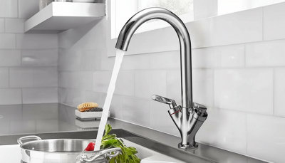  - Modern Kitchen Sink Mixer Taps Swivel Spout Dual Lever Tap Mono Chrome Faucet